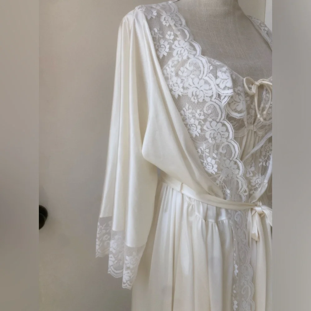 vtg maidenform negligée lace set nightgown robe silky union made usa ivory sz. s - Picture 2 of 16